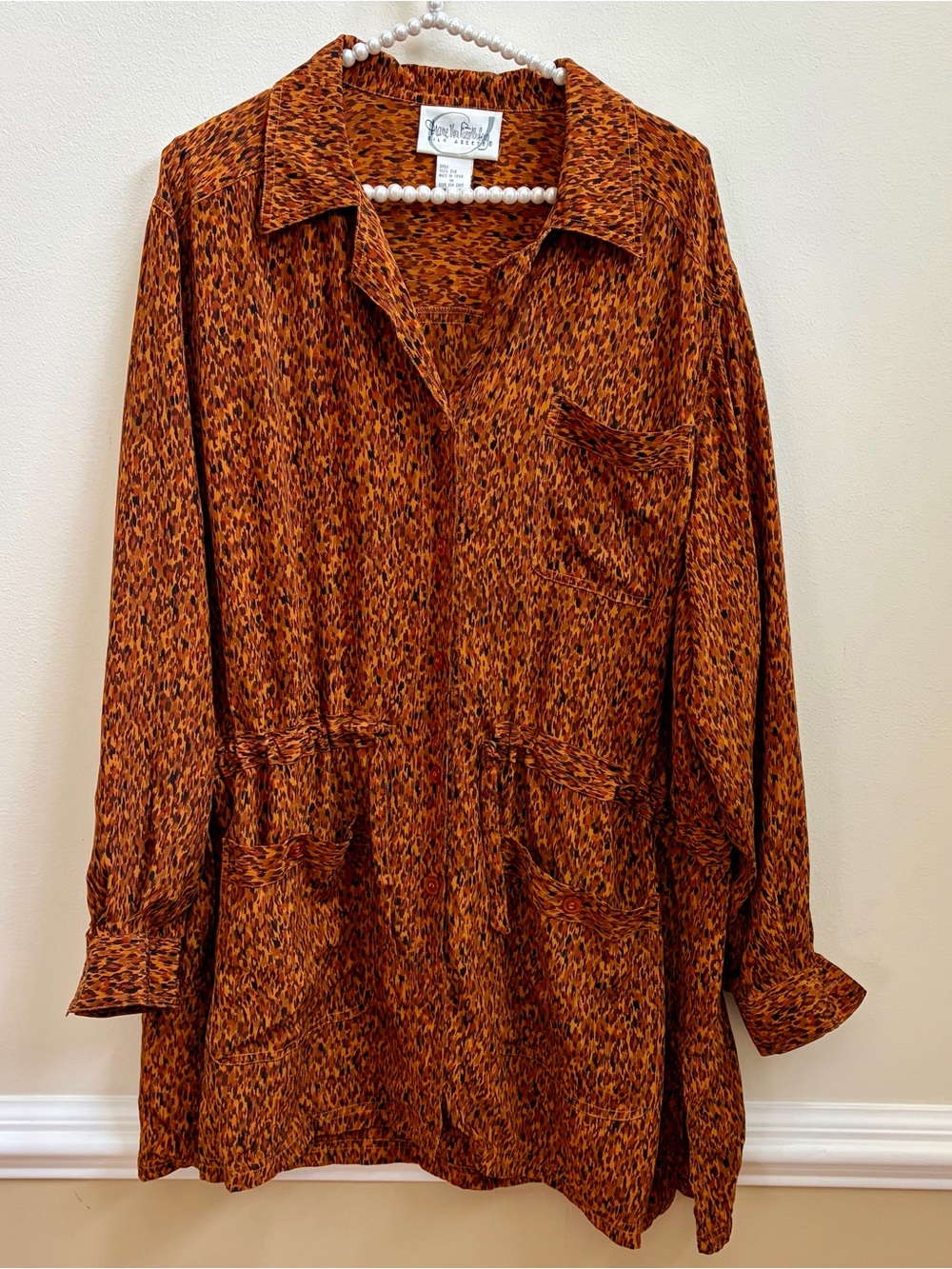 Diane Von Furstenberg Silk Leopard-Style Blouse in Rust and Black